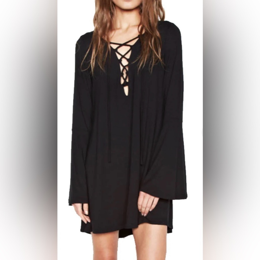 Michael Lauren - Jim Lace Up Bell Sleeve Ribbed Mini in Color Black Size XS - Picture 2 of 4